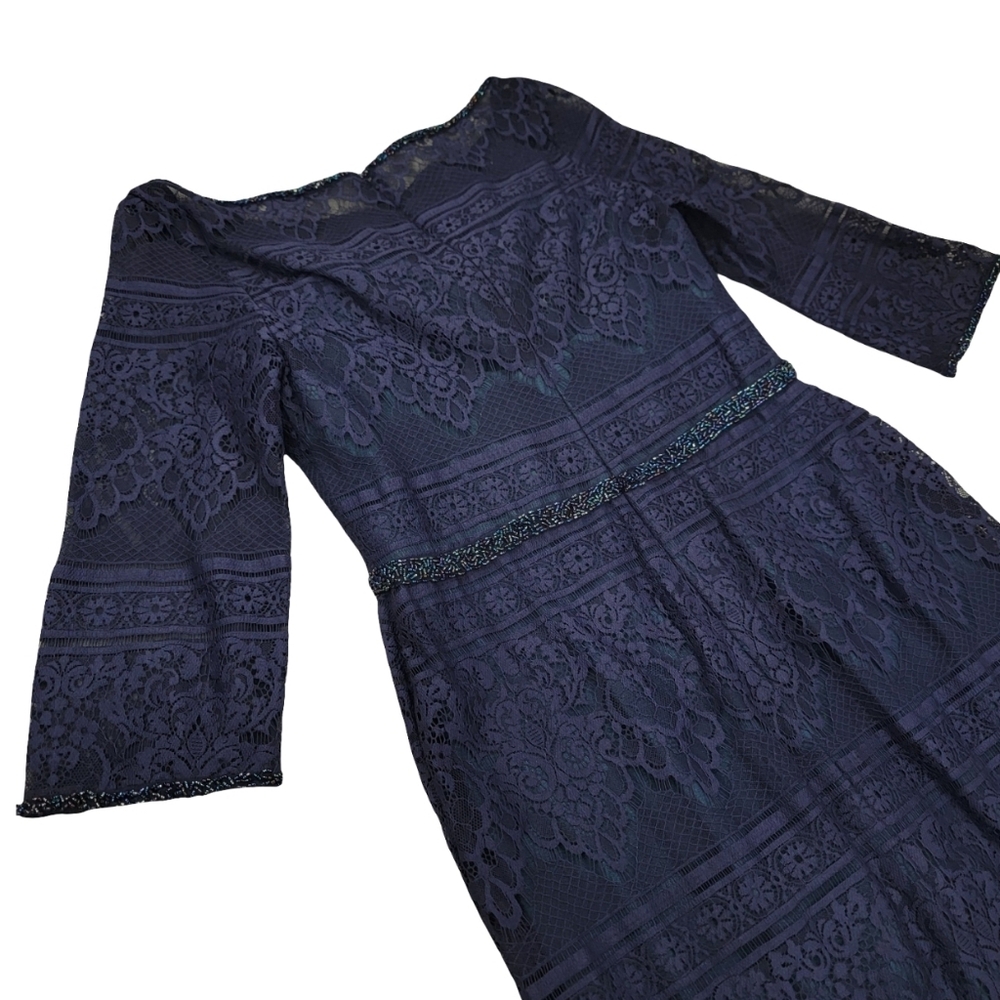 Social Occasions by Mon Cheri Navy Lace Midi Dress Beaded Wedding Guest Size 12 - Picture 11 of 17